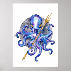 Poster Poulpe avec Trident Aquarelle