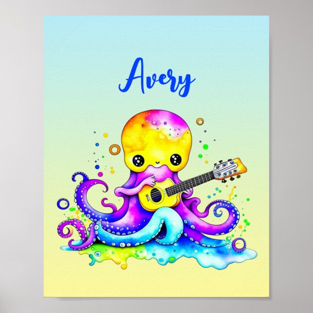 Poster Poulpe de dessin animé personnalisé jouant de la g (Devant)