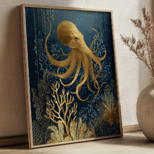 Poster Poulpe Kintsugi sous-marin bleu marine et or
