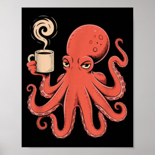 Poster Poulpe Kraken buvant du café le matin Hommes