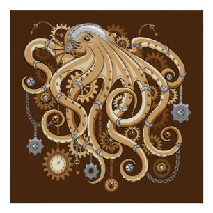 Poster Poulpe Steampunk Rétro Fantastique Mécanique