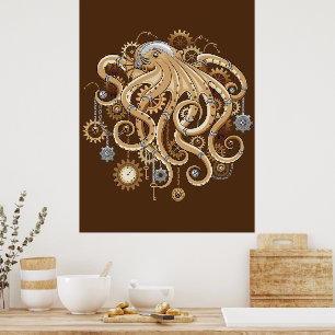 Poster Poulpe Steampunk Rétro Fantastique Mécanique