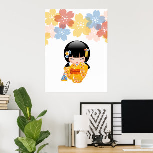 Poster Poupée de Kokeshi d'été - fille de geisha jaune de