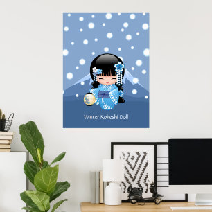 Poster Poupée de Kokeshi d'hiver - fille de geisha bleue