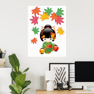 Poster Poupée Kokeshi d'automne - Fille Geisha en Kimono 