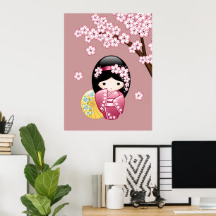 Poster Poupée Kokeshi de printemps - Jolie Geisha japonai