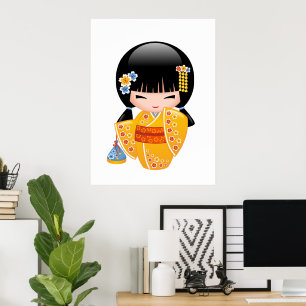 Poster Poupée Kokeshi d'été - Fille Geisha en Kimono Jaun