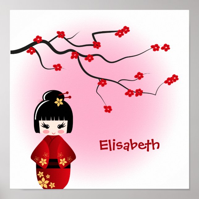 Poster Poupée kokeshi japonaise aux fleurs de sakura (Devant)