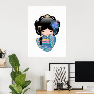 Poster Poupée Kokeshi Keiko - Fille Geisha en Kimono Bleu