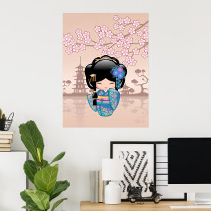 Poster Poupée Kokeshi Keiko - Fille Geisha en Kimono Bleu