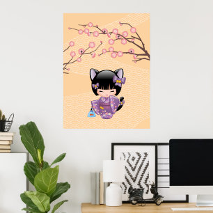 Poster Poupée Kokeshi Neko - Fille Geisha aux Oreilles de