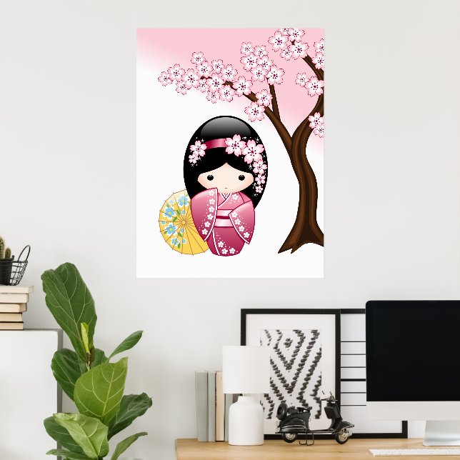 Poster Poupée Kokeshi Printemps - Cute Japonaise Geisha G (Bureau à domicile)