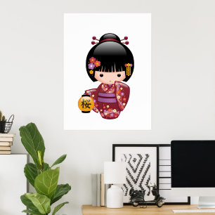 Poster Poupée Kokeshi Sakura - Fille Geisha sur Pêche
