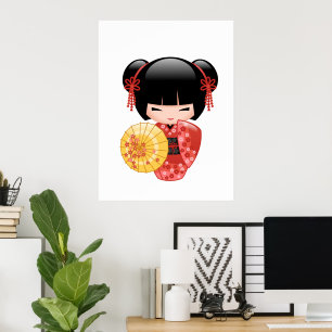 Poster Poupée Kokeshi Sakura Rouge - Fille Geisha Japonai
