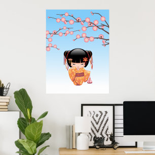 Poster Poupée Kokeshi Ume - Fille Geisha Japonaise Bleue