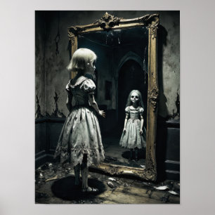 Poster Poupée maudite dans l'atmosphère miroir horreur