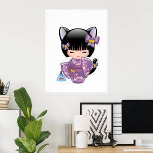 Poster Poupée Neko Kokeshi - Fille Geisha aux Oreilles de