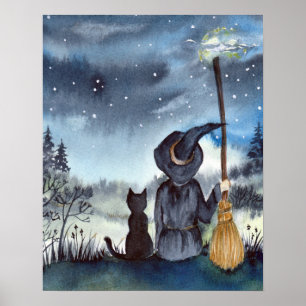 Poster Pour Halloween Chat noir et la Sorcière étoilée nu