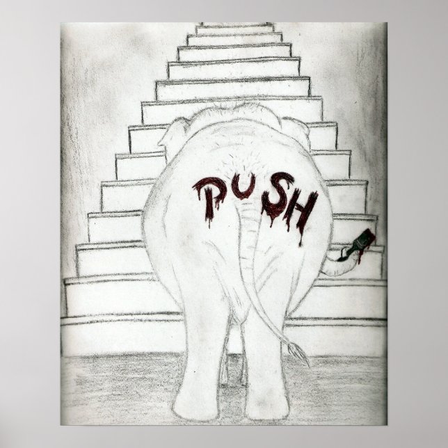 Poster Pousser Un Éléphant Vers Le Haut Des Escaliers (Devant)