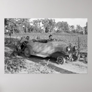 Poster Pousser une voiture, 1939. Photo vintage