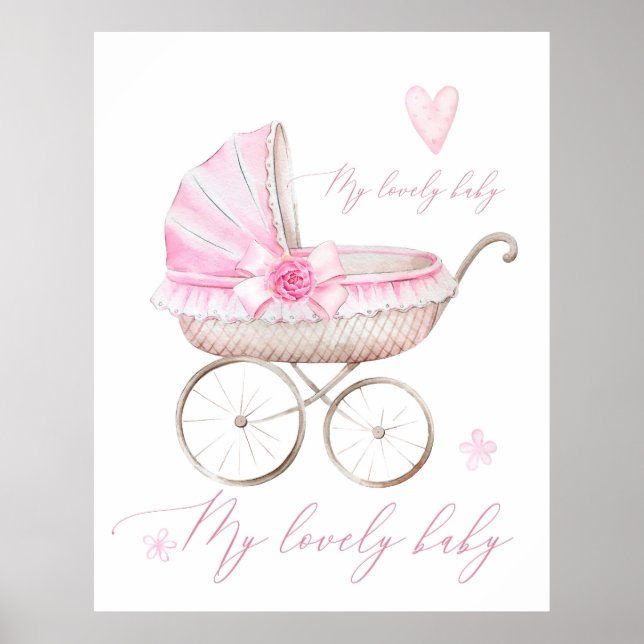Poster Poussette Bébé Fille Nursery Nouveau-Né Aquarelle  (Devant)