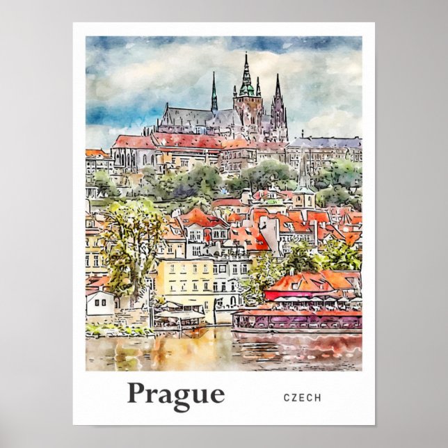 Poster Prague Tchèque Aquarelle Sketch Main (Devant)