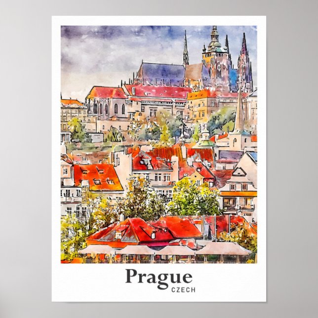 Poster Prague Tchèque Voyage Aquarelle main tirée (Devant)
