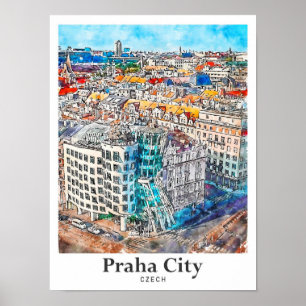 Poster Praha City Tchèque Voyage Aquarelle main tirée