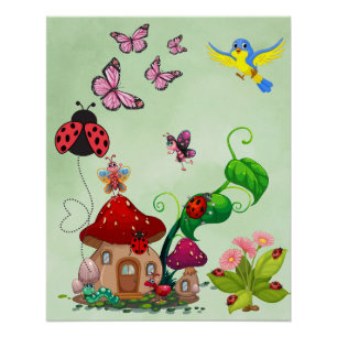 Poster Prairie de fleurs sauvages et papillons printanier