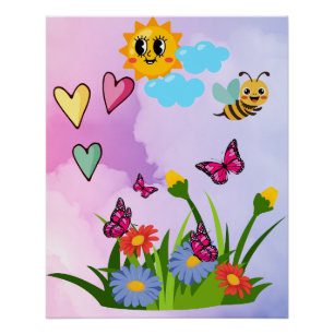 Poster Prairie de fleurs sauvages et papillons printanier