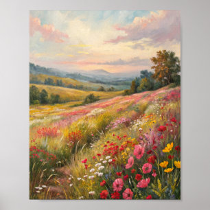 Poster Prairie fleurie sereine au coucher du soleil, pein