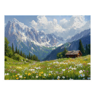 Poster Pré alpin avec Fleurs et Petit Cottage