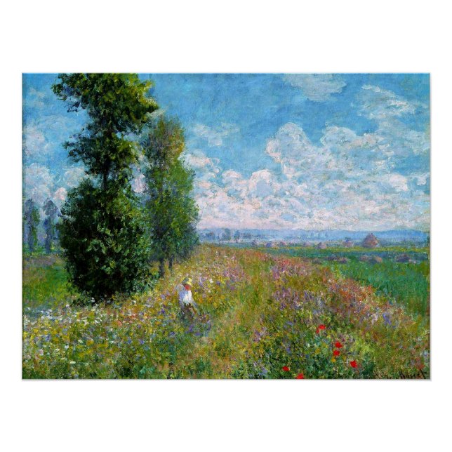 Poster Pré avec des peupliers par Claude Monet (Devant)
