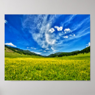 Poster pré de printemps et ciel bleu
