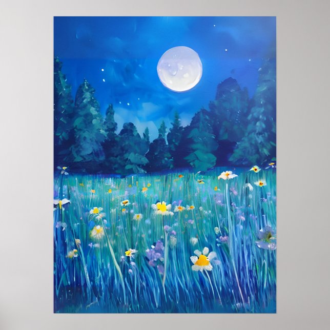 Poster Pré et forêt sous une Pleine lune (Devant)