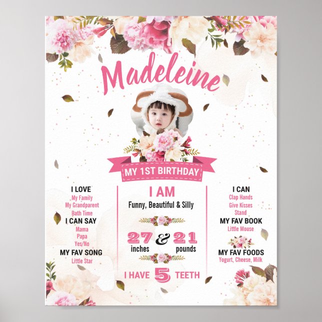 Poster Premier Anniversaire Pour Bébé Fille (Devant)