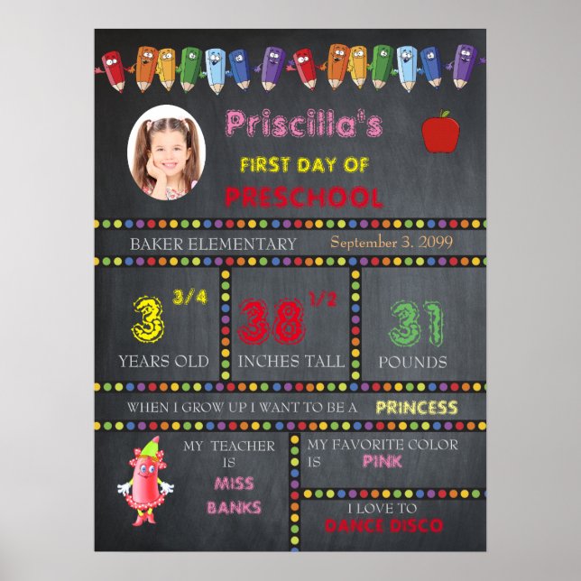 Poster PREMIER JOUR Fille PRÉSCOLAIRE, panneau, photo (Devant)