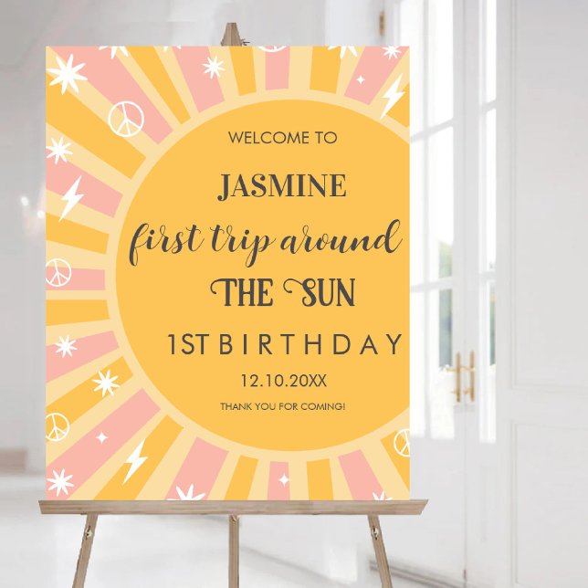 Poster Premier voyage autour du Soleil Retro Boho Sun Wel (First Trip Around the Sun Retro Boho Sun Welcome Poster)