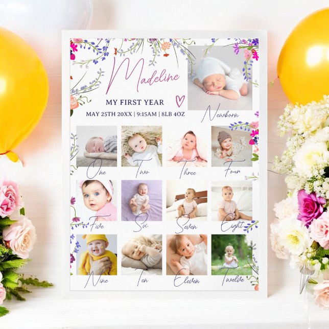 Poster Première année de Floral Baby’s Photo Collage Mile (Floral Baby’s First Year Photo Collage Milestone Poster)