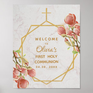 Poster Première communion Bienvenue rose Magnolia or Flor
