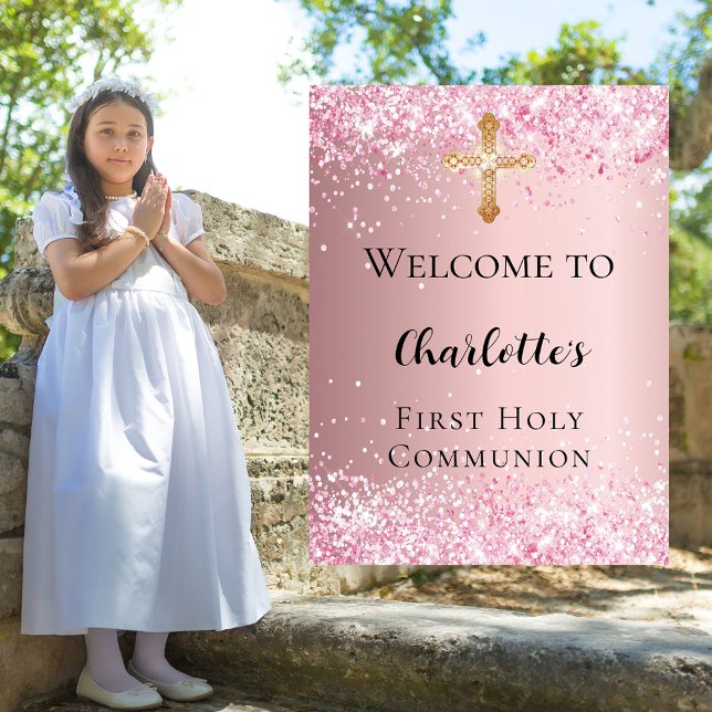 Poster Première communion confetti rose bienvenue (Créateur téléchargé)