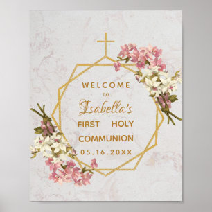 Poster Première communion florale Orchidées en marbre dor