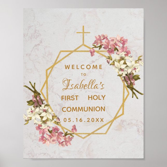 Poster Première communion florale Orchidées en marbre dor (Devant)