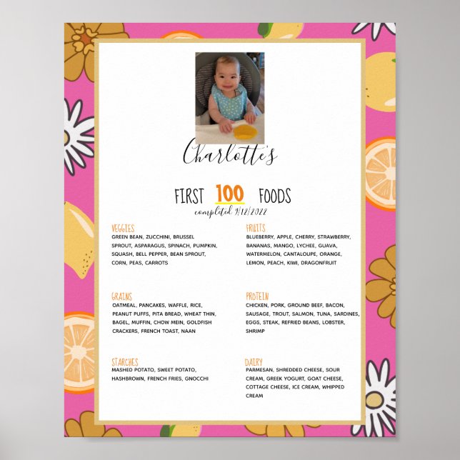 Poster Premières 100 aliments Pink Baby Girl Weaning (Devant)