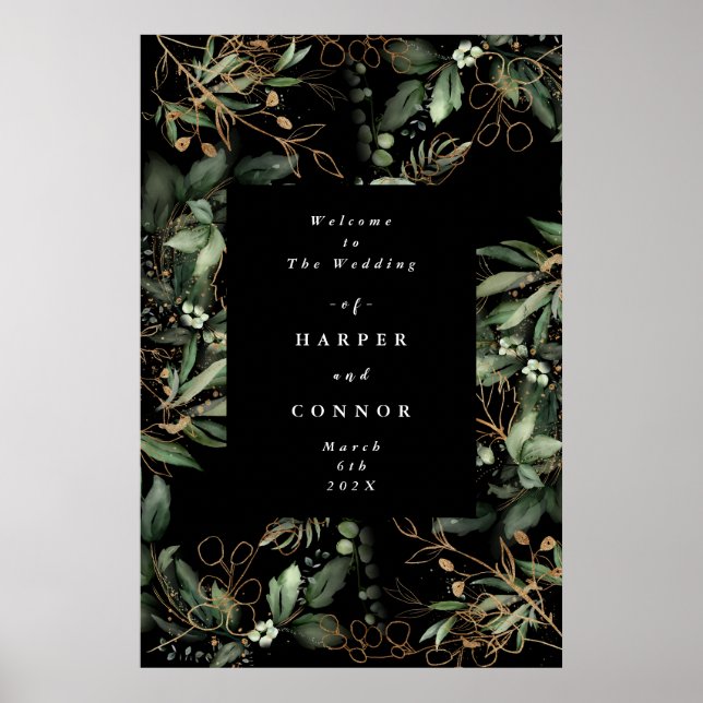 Poster Premium Black Gold Botanical Eucalyptus Green (Devant)