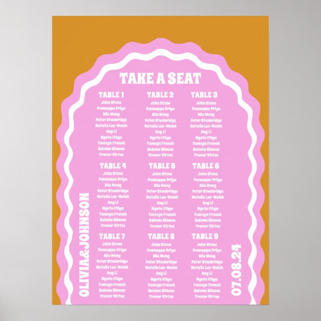 Poster Prenez un siège rose jaune rétro style arche ondul (Devant)