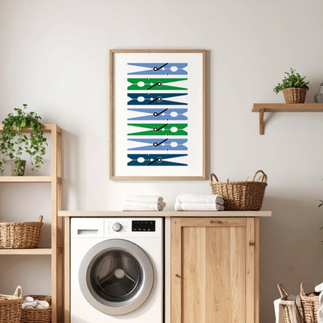 Poster Preppy Blue Green Vêtements Pins Salle de blanchis (preppy blue green and white modern graphic clothes pins art for a fun laundry room)
