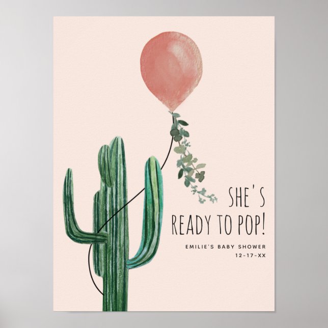 Poster Prêt À Pop Pink Balloon Cactus Baby shower fille (Devant)
