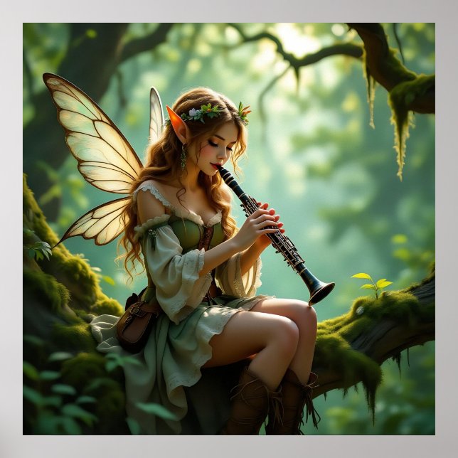 Poster Pretty Elven Fairy Playing Clarinet (Devant)
