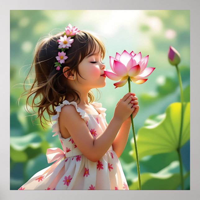Poster Pretty Little Girl Smelling a Pink Rose (Devant)